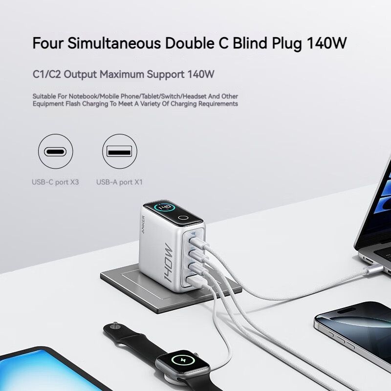 Anker 140W USB-C GaN Charger with 4-Port Fast Charging, Smart Display for Laptops and Phones